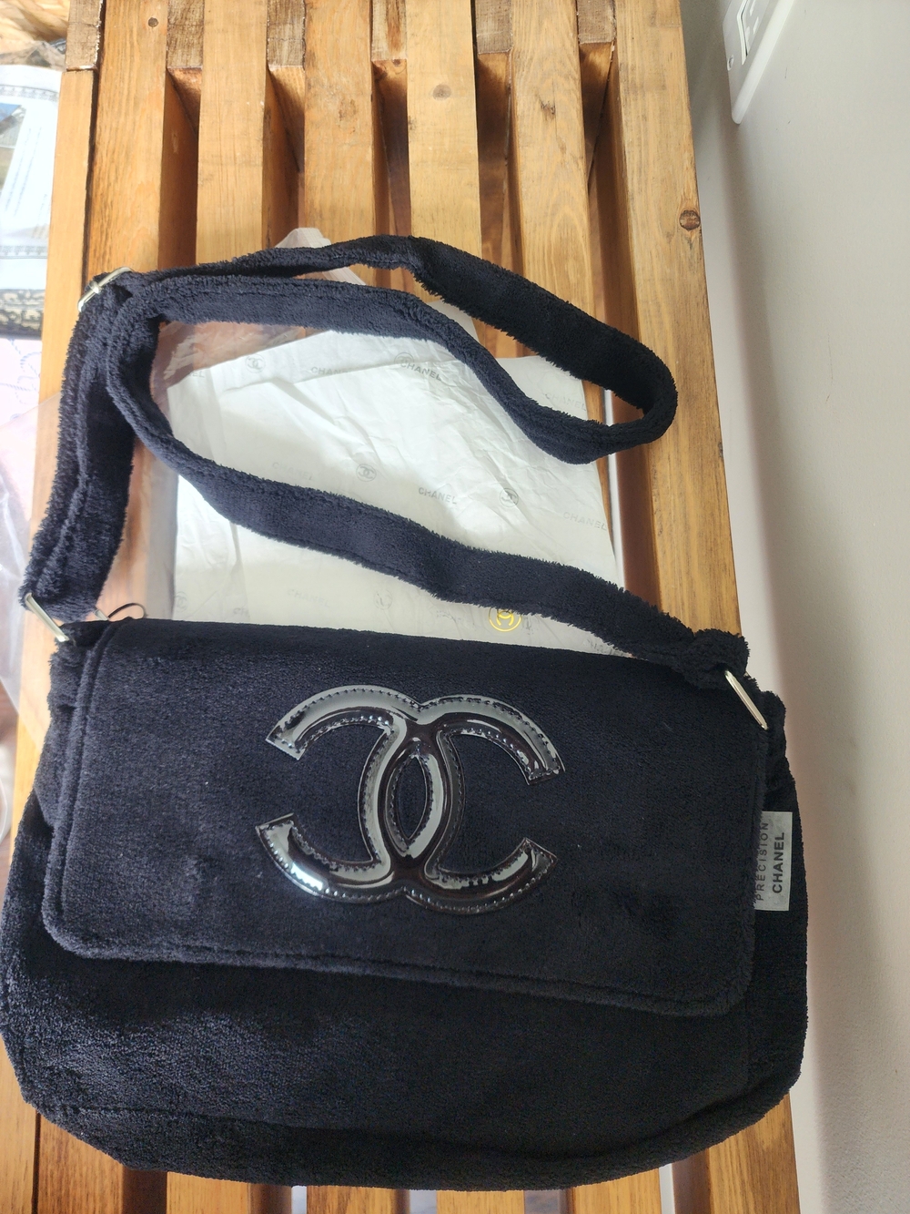 CHANEL Black Terry Cloth Shoulder Bag with Patent CC Logo